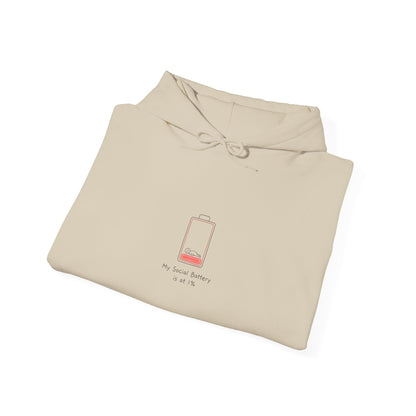 Cream hoodie with a red social battery icon and text "My Social Battery is at 1%".