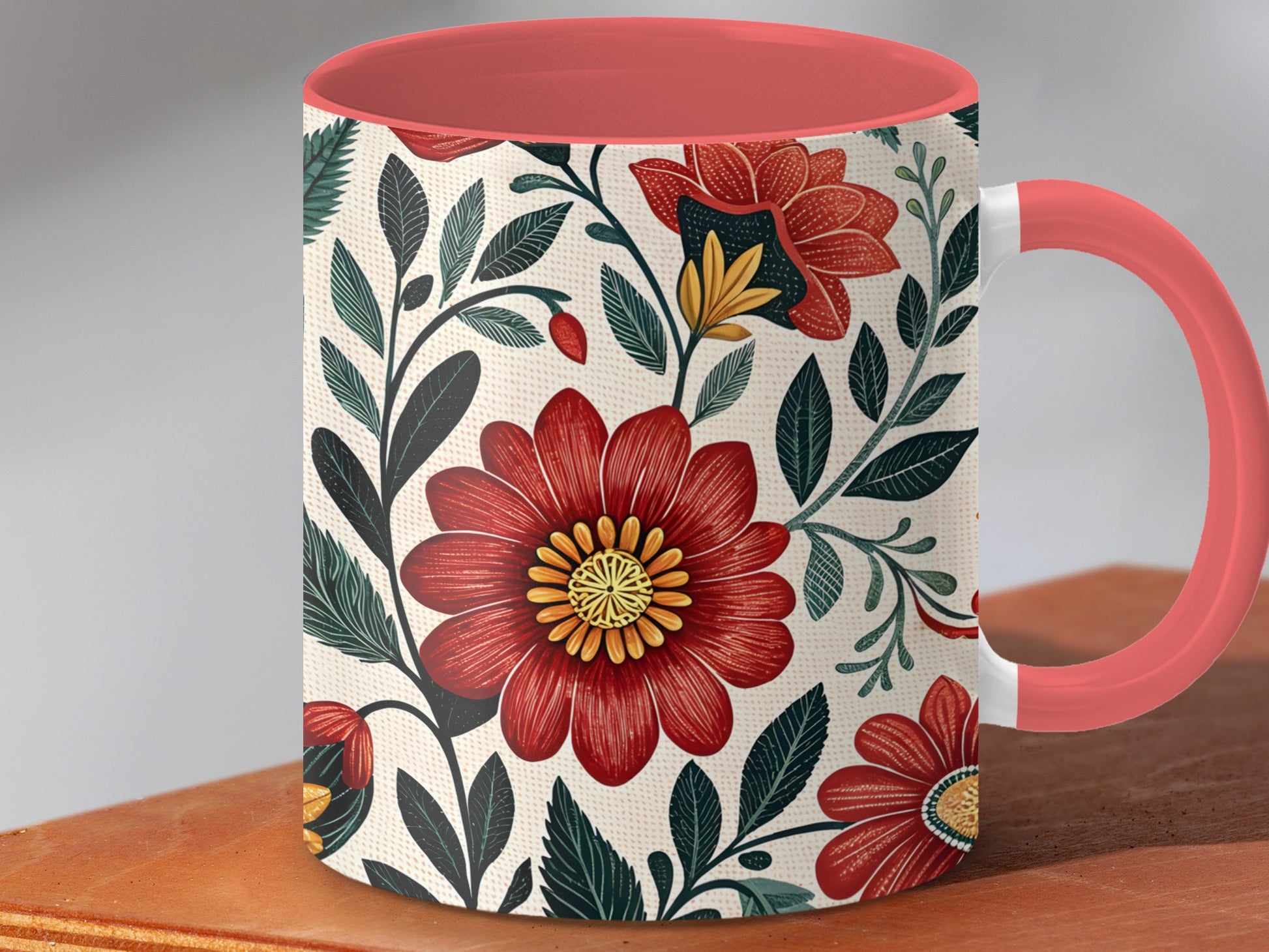 Colorful Floral Mug Design with Red Accent product type