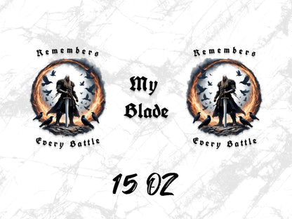 Viking Warrior Mug, 15 oz, 'Remembers My Blade Every Battle' Graphic, Medieval Norse Gift