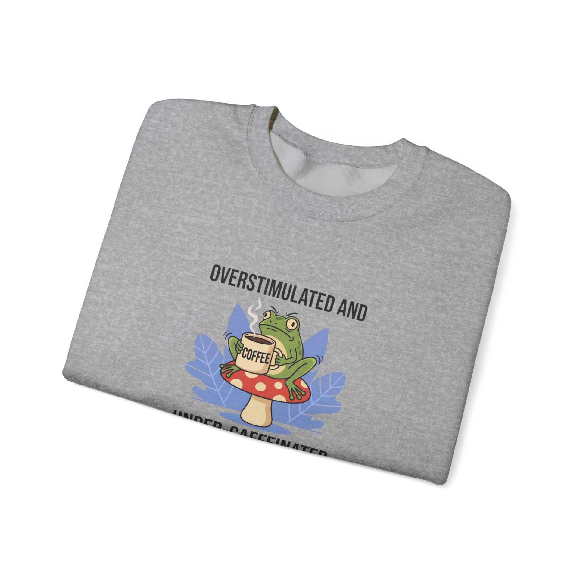 Gray sweatshirt with a frog holding a coffee cup on a mushroom.