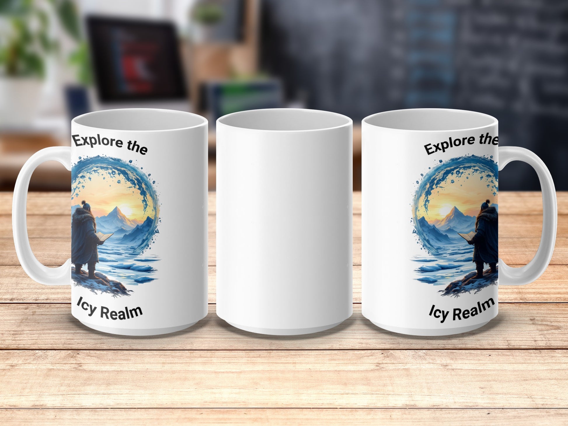 Adventure Mug with Icy Realm Graphic, Explore Nature Coffee Cup, Unique Gift for Travelers