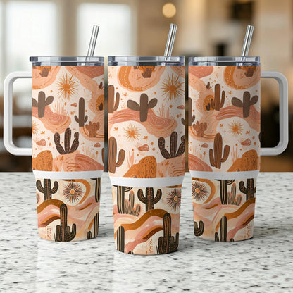 Desert Cactus Pattern Tumbler Cups, Stainless Steel Insulated, Eco-Friendly Drinkware, Reusable With Straw