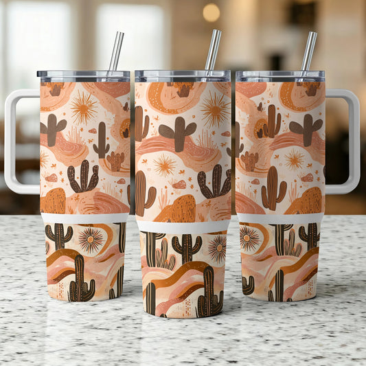 Desert Cactus Pattern Tumbler Cups, Stainless Steel Insulated, Eco-Friendly Drinkware, Reusable With Straw