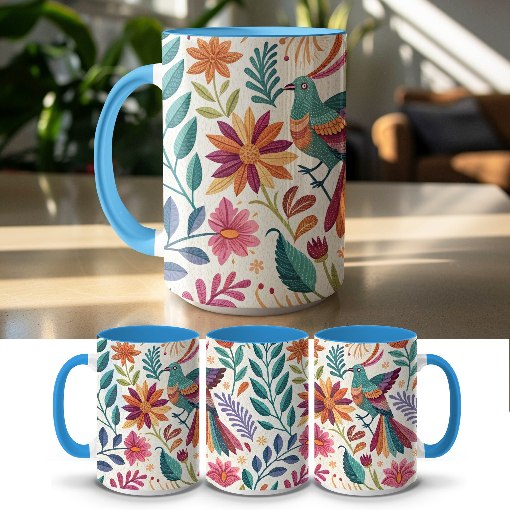Colorful Floral and Bird Art Themed Mug product type