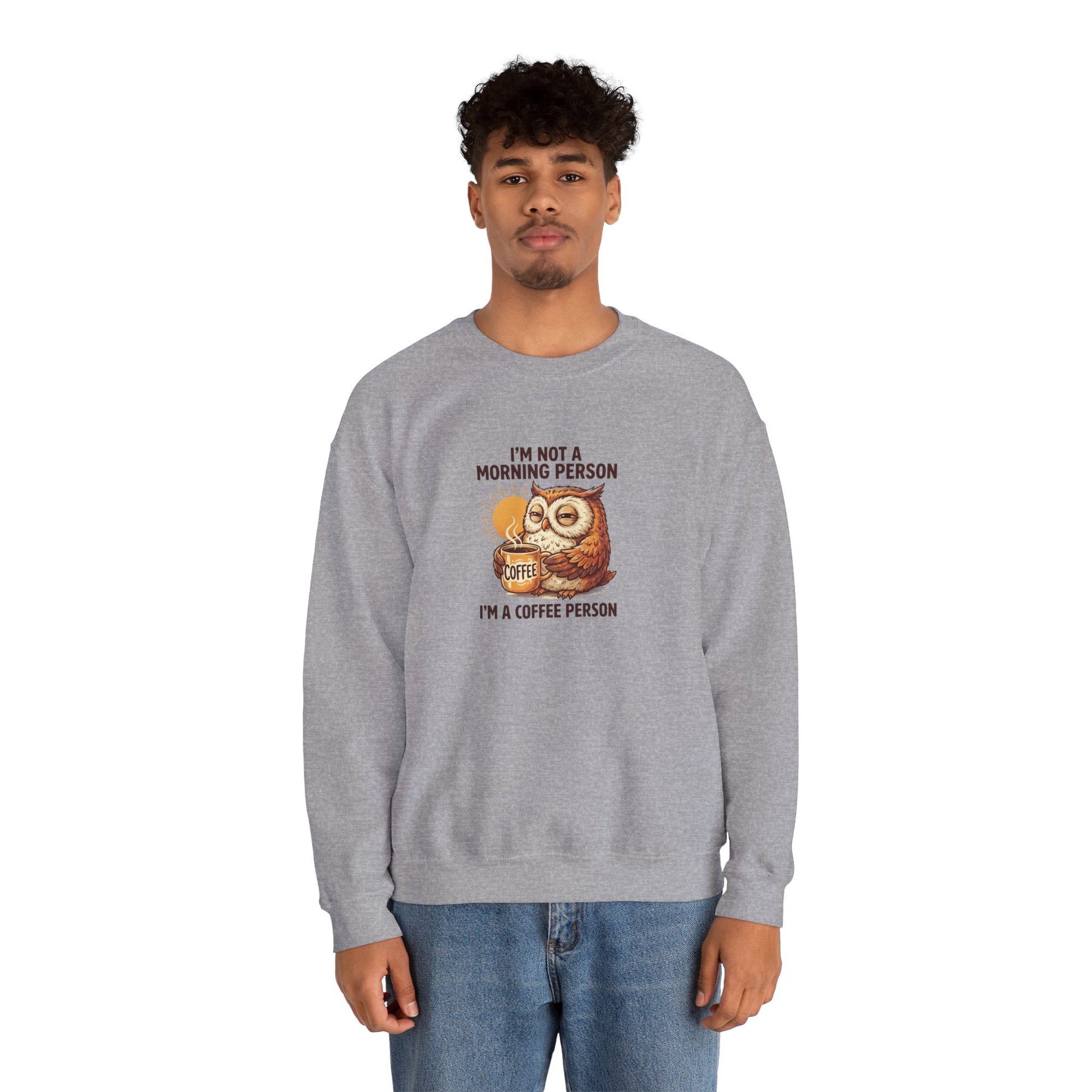 Grey sweatshirt with graphic of an owl holding a coffee cup and text "I'm Not A Morning Person. I'm A Coffee Person."