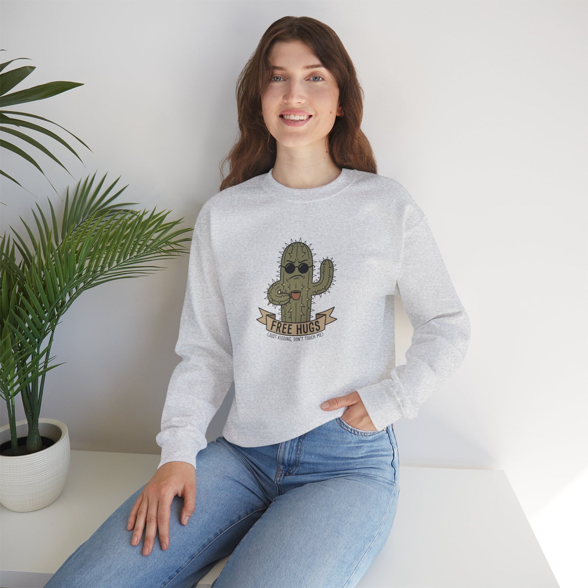Light grey sweatshirt with cartoon cactus wearing sunglasses and text "FREE HUGS".