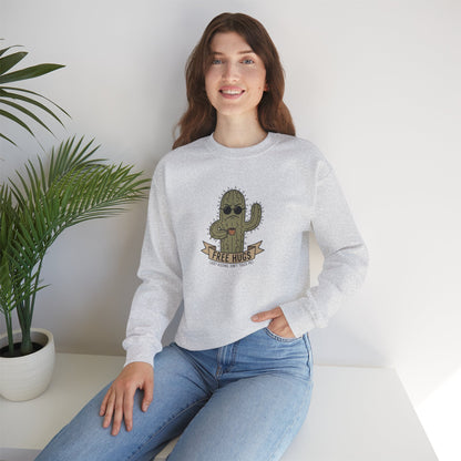 Light grey sweatshirt with cartoon cactus wearing sunglasses and text "FREE HUGS".