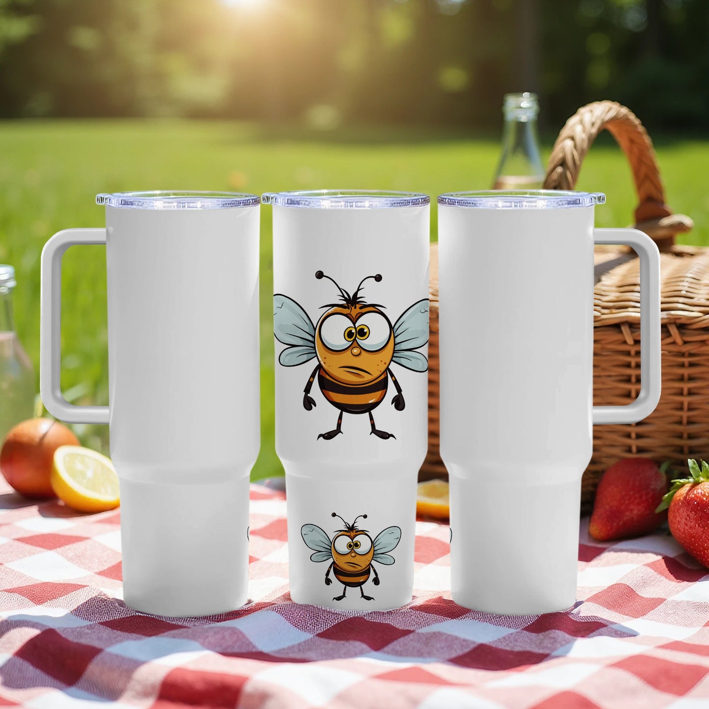 Cute Bee Tumbler with Lid, Insulated Travel Mug, Summer Picnic Drinkware, 20 oz White Stainless Steel Tumbler, Gift Idea