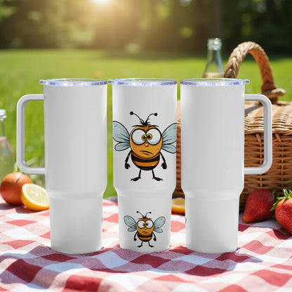 Cute Bee Tumbler with Lid, Insulated Travel Mug, Summer Picnic Drinkware, 20 oz White Stainless Steel Tumbler, Gift Idea