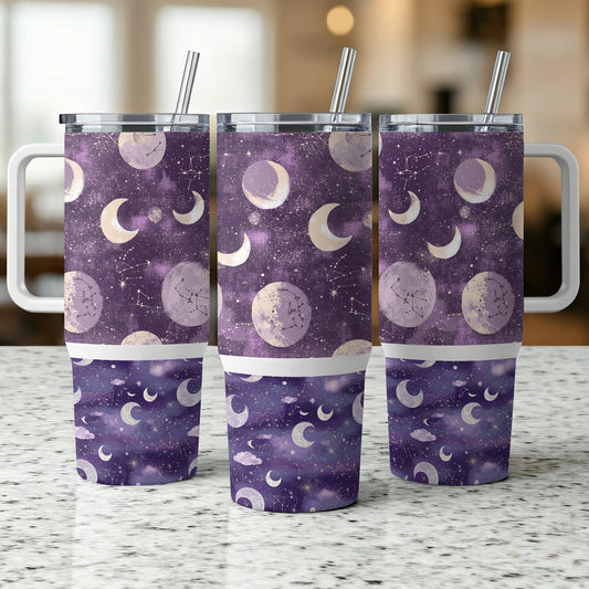 Purple Moon Phase Tumblers, Stainless Steel Insulated Cups with Lids and Straws, Celestial Drinkware Set, Starry Night Design