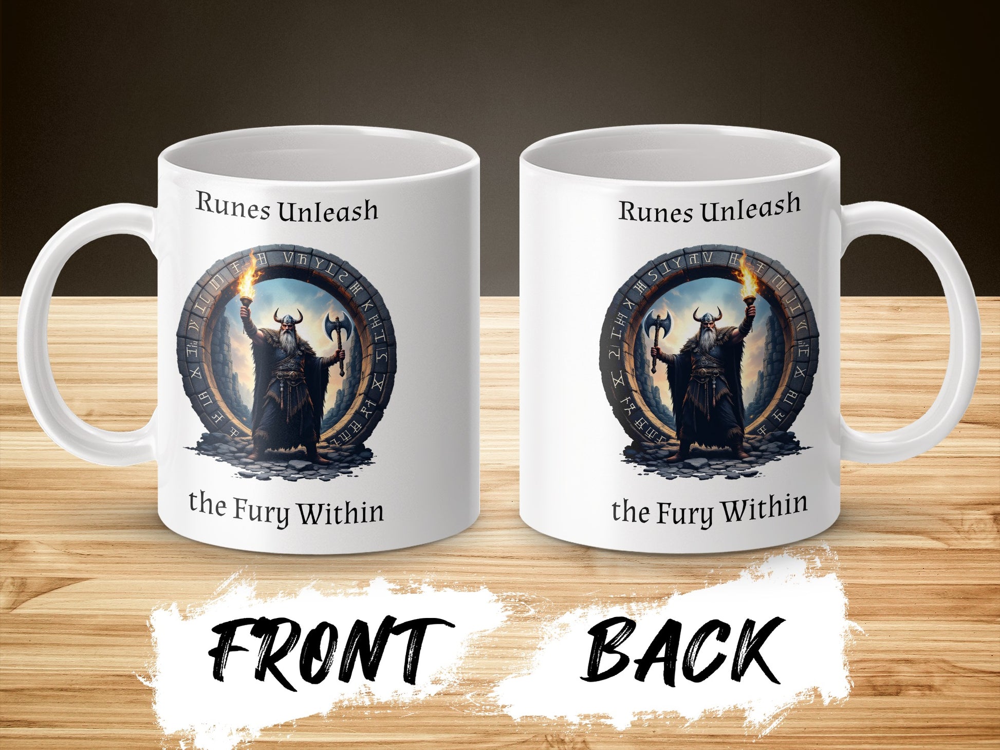 Viking Warrior Runes Unleash The Fury Within Graphic Coffee Mug, Mythical Norse Theme Drinkware, Front and Back Design