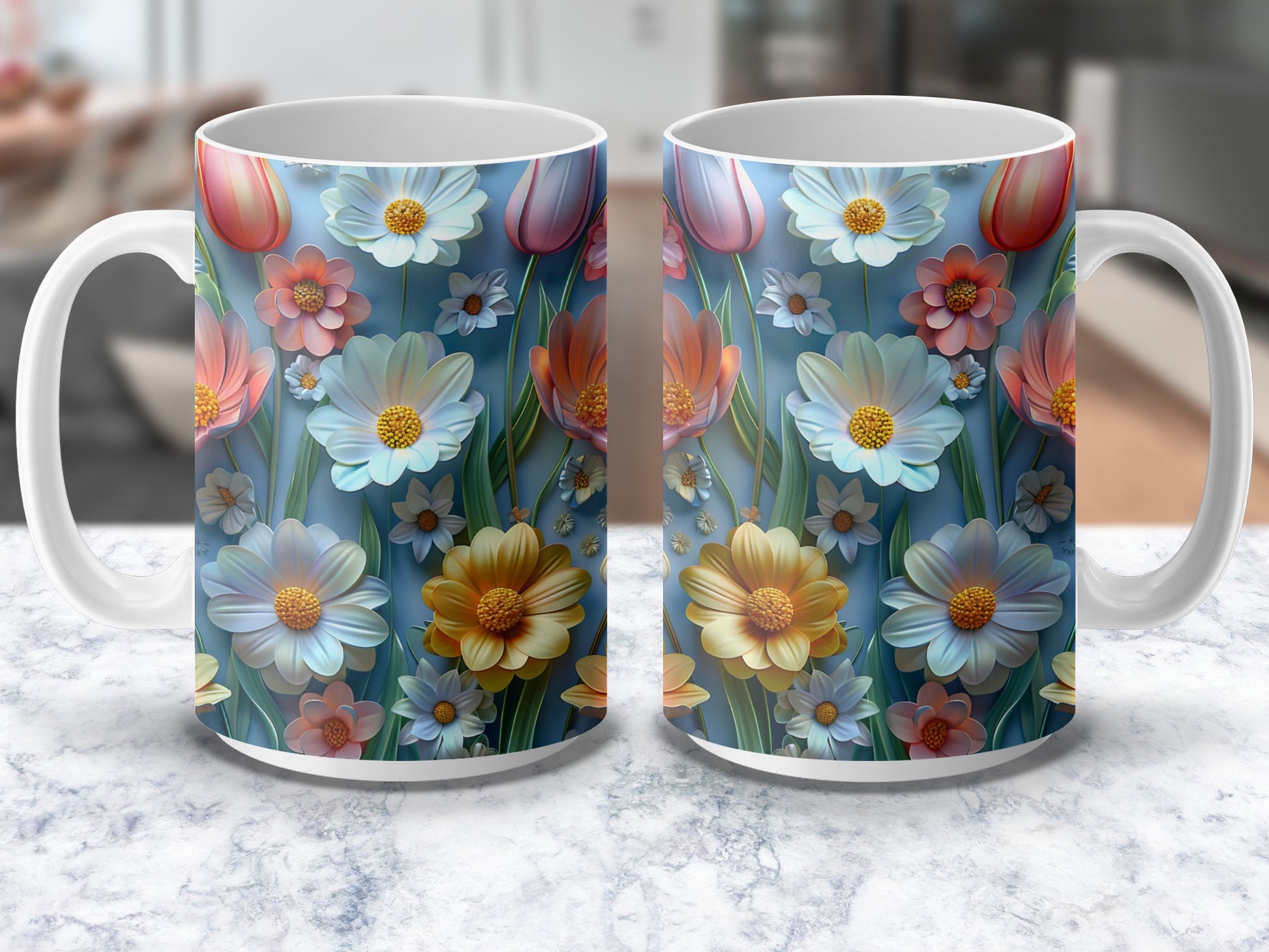 Floral Coffee Mugs, Colorful Daisy Print, Spring Flowers Tea Cup, Kitchen Decor, Set of 2 Mugs, Unique Gift Idea