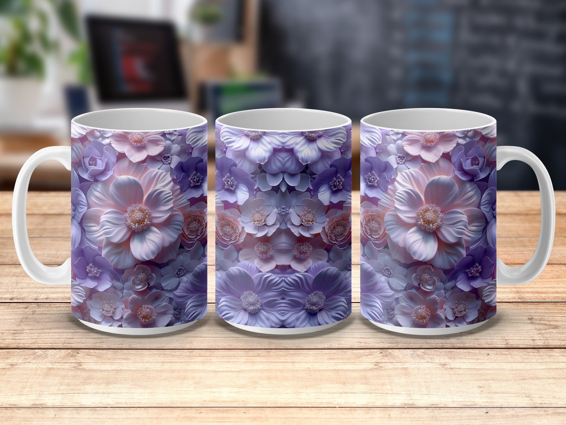Floral Coffee Mugs Set, Purple and White Flower Print, Ceramic Tea Cups, Unique Gift Idea