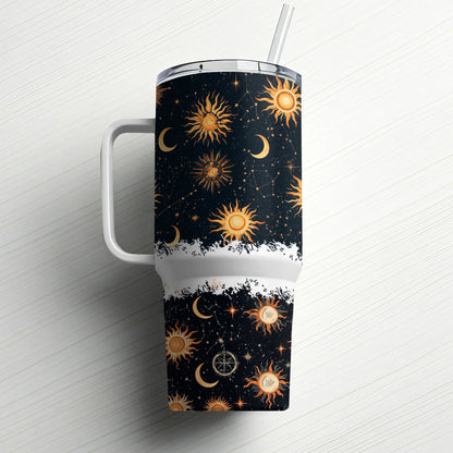 Celestial Sun and Moon Tumbler, Insulated Travel Mug, Starry Night Sky Design, Unique Astrology Drinkware, Gift Idea