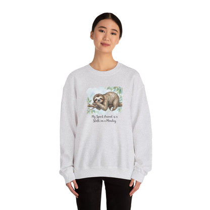 Light gray sweatshirt with watercolor sloth on a branch, text reads "My Spirit Animal is a Sloth on a Monday".