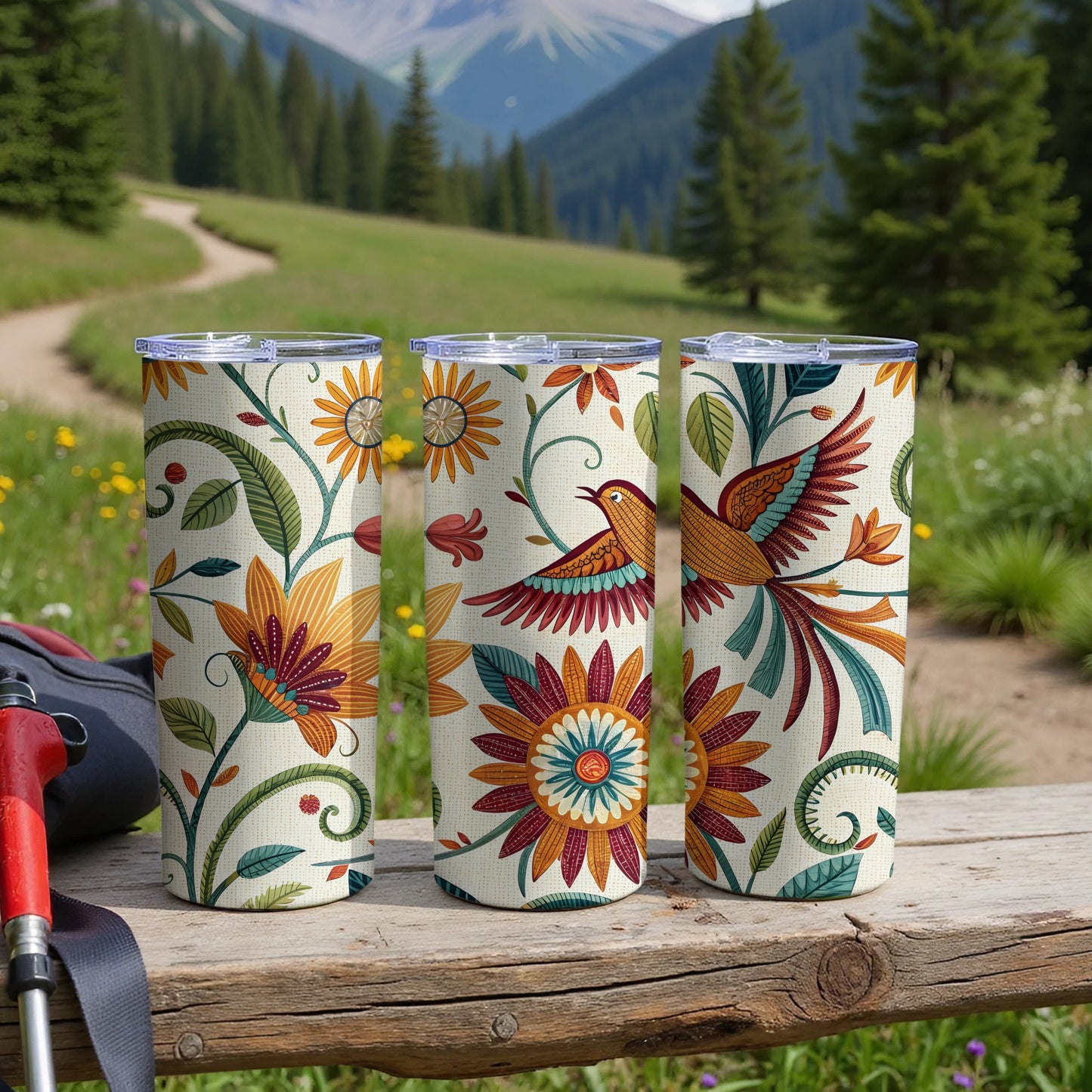 Vibrant Floral and Bird Patterned Tumbler product