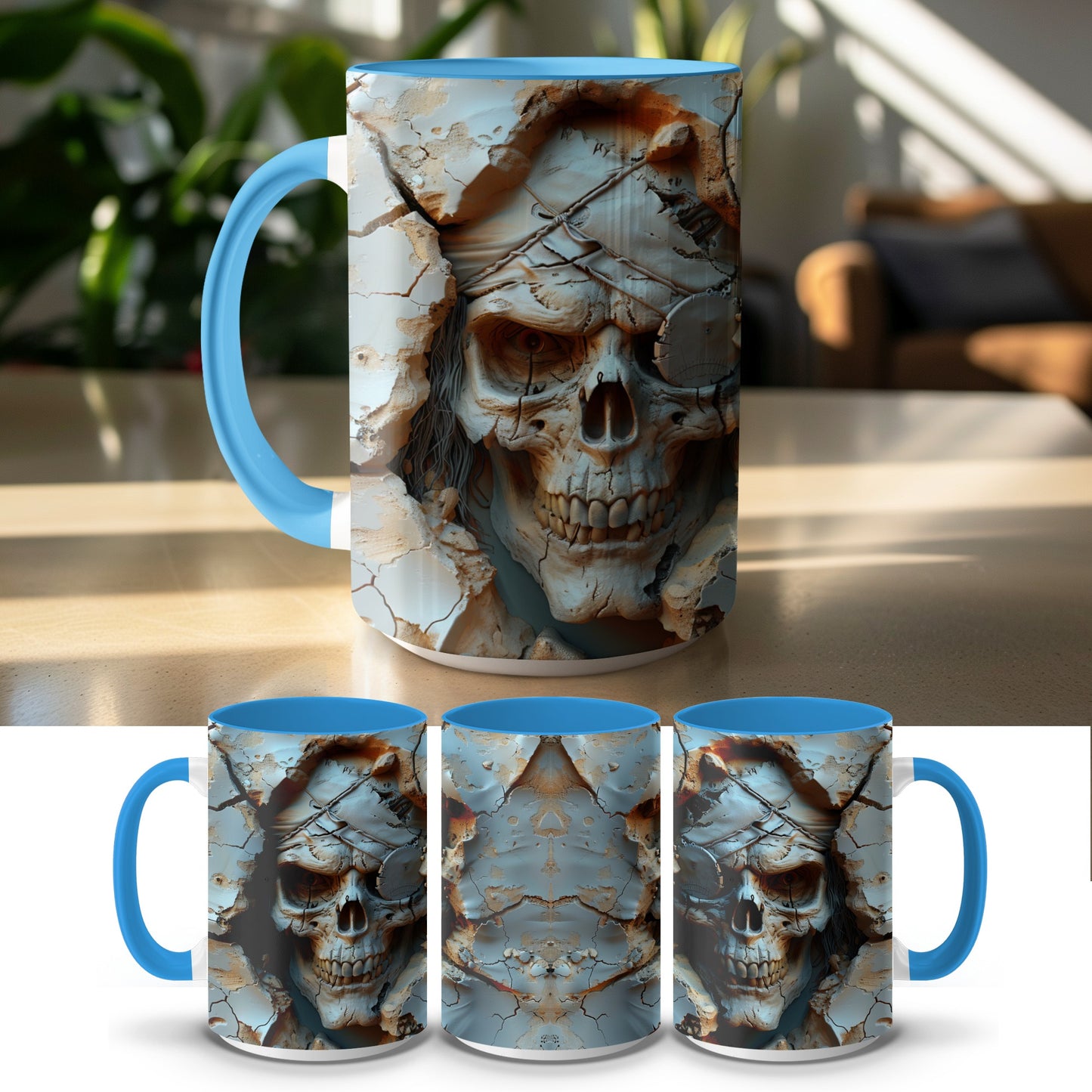 Realistic 3D Skull Design Blue Handle Ceramic Mug product type