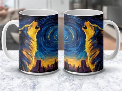 Van Gogh Starry Night Inspired Wolf Howling Mug, Artistic Coffee Cup, Unique Gift Idea