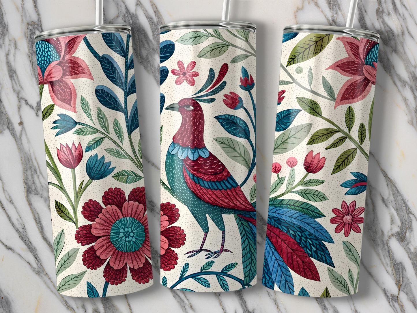 Floral and Bird Print Travel Tumbler Drinkware Product