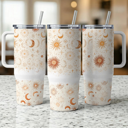 Bohemian Sun and Moon Design Insulated Tumblers with Straws, Set of 3 Stainless Steel Travel Mugs for Cold Drinks