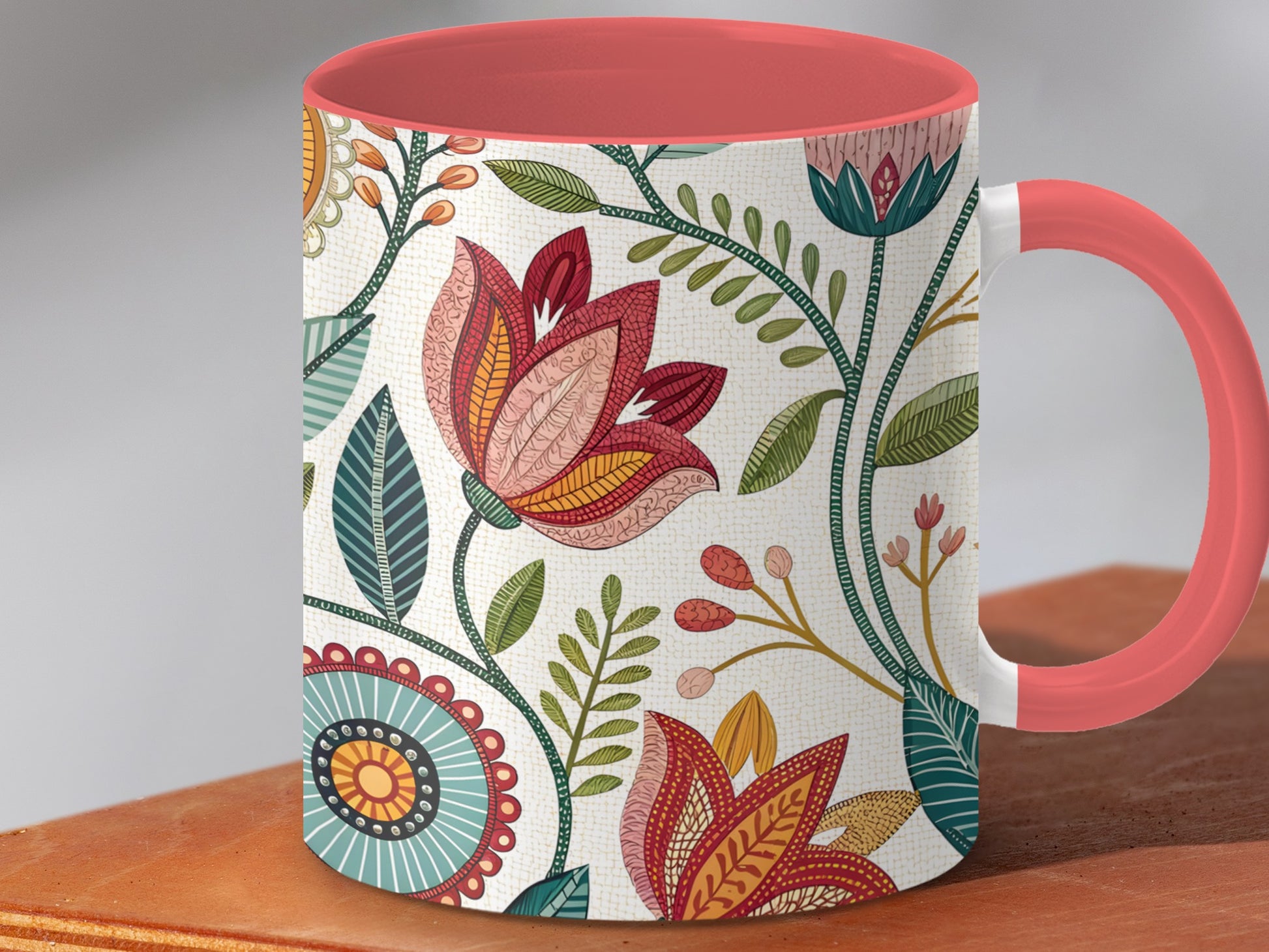 Floral Pattern Coffee Mug With Red Handle product type