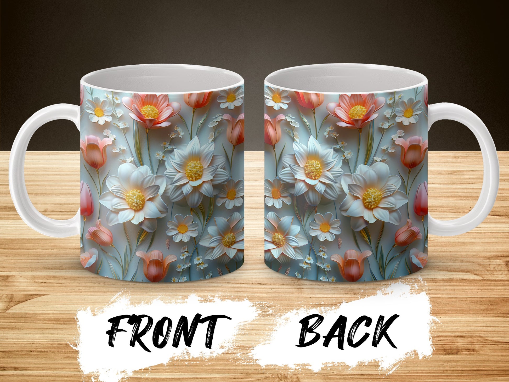Floral Pattern Coffee Mug, Unique Blue and Red Flower Design, Ceramic Tea Cup, Gift Idea, Front and Back Print