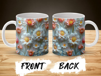 Floral Pattern Coffee Mug, Unique Blue and Red Flower Design, Ceramic Tea Cup, Gift Idea, Front and Back Print