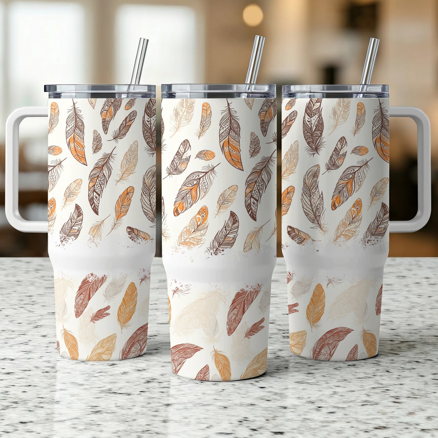 Autumn Leaf Print Insulated Tumblers, Stainless Steel Travel Mugs with Straws, Fall Theme Drinkware, Set of 3