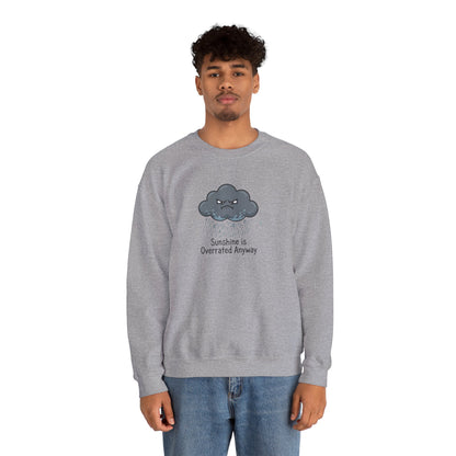 Grey sweatshirt with a cartoon cloud graphic and text.