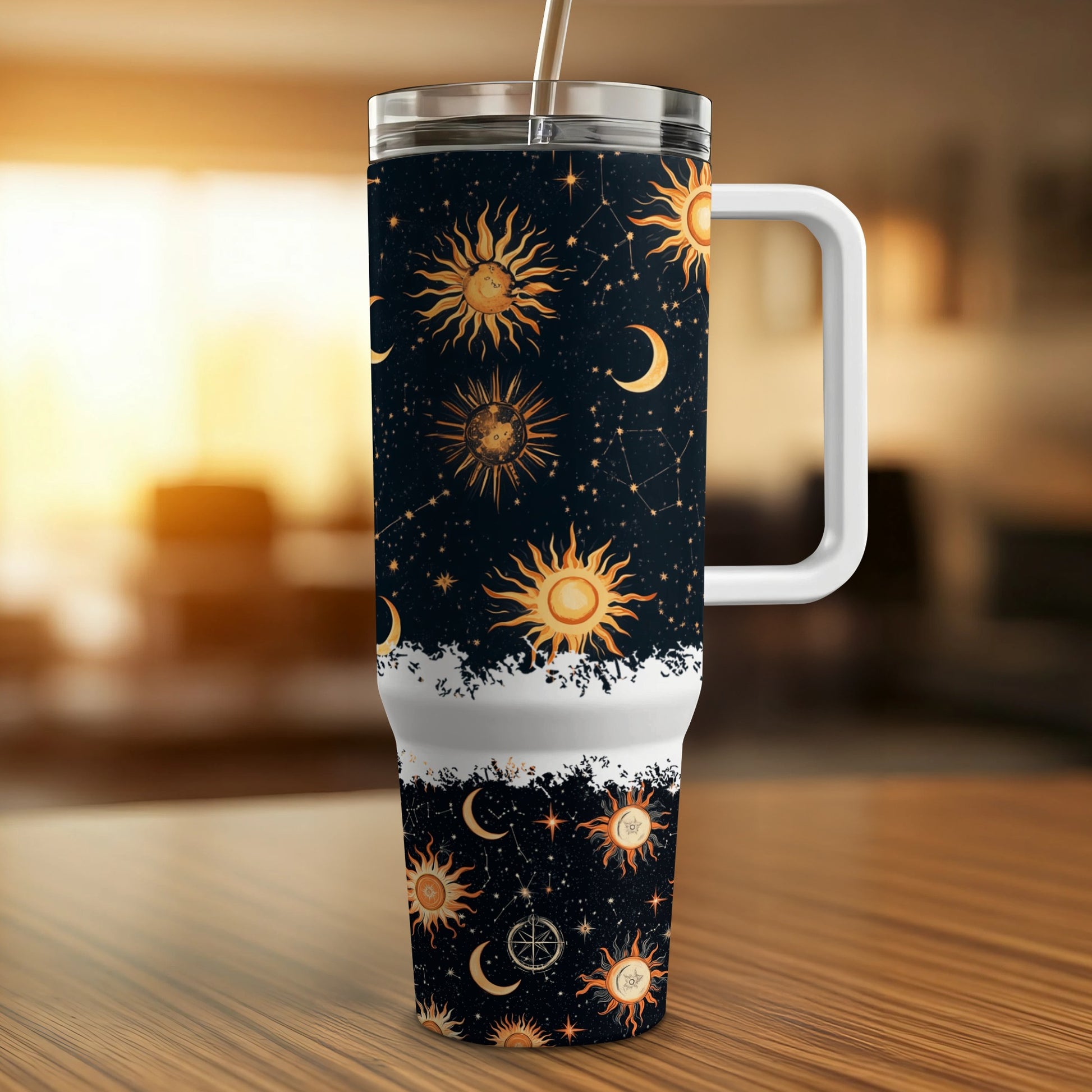 Celestial Travel Tumbler, Sun and Moon Design, Insulated Coffee Cup, Starry Sky, 20 oz Stainless Steel Mug