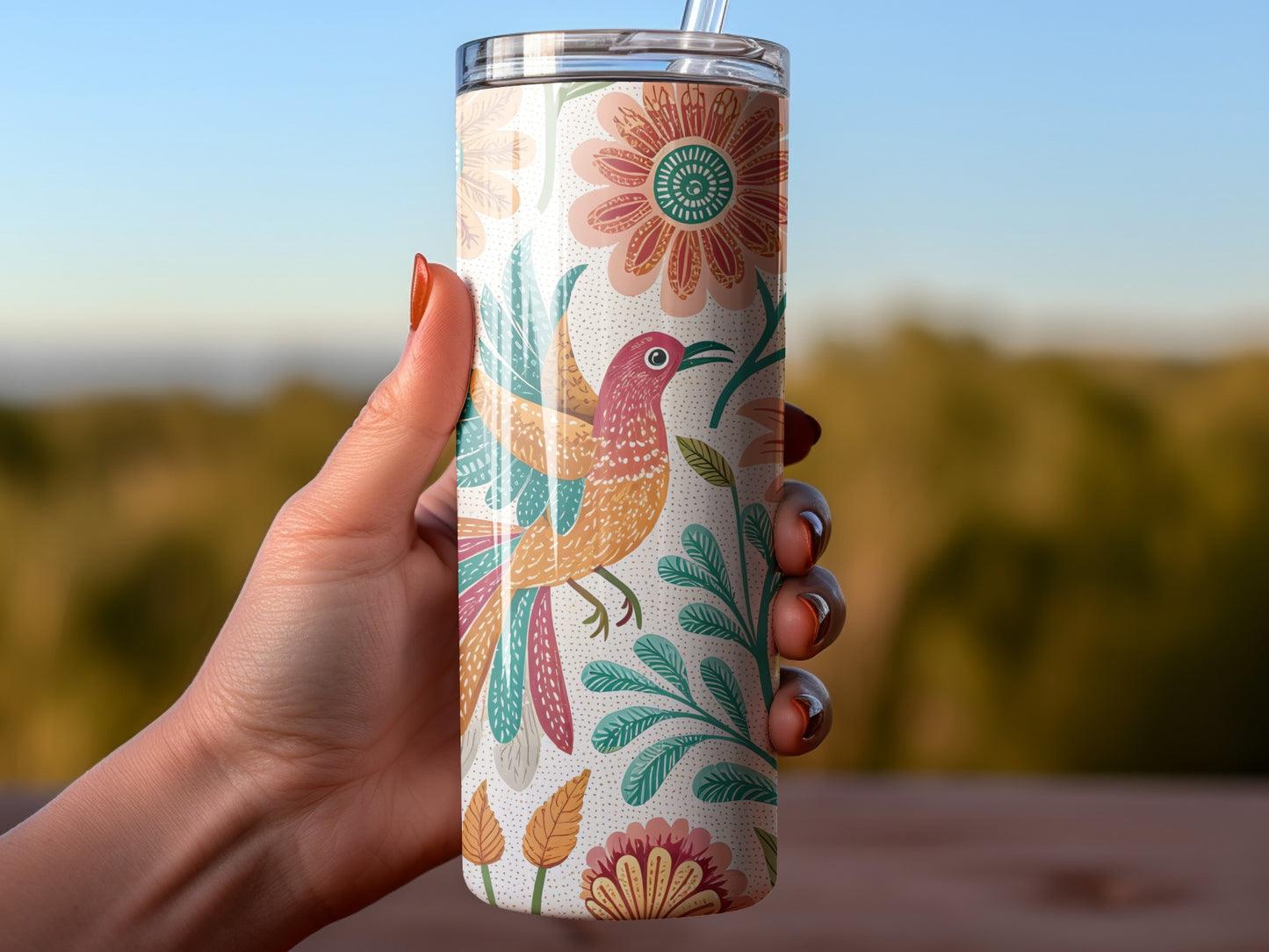 Colorful Floral and Bird Design Travel Tumbler product