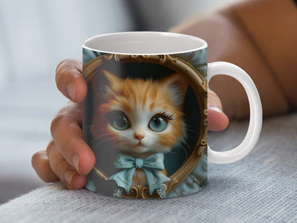 Cute Kitten Coffee Mug, Adorable Cat Portrait with Blue Bow, Animal Lover Gift, Decorative Tea Cup