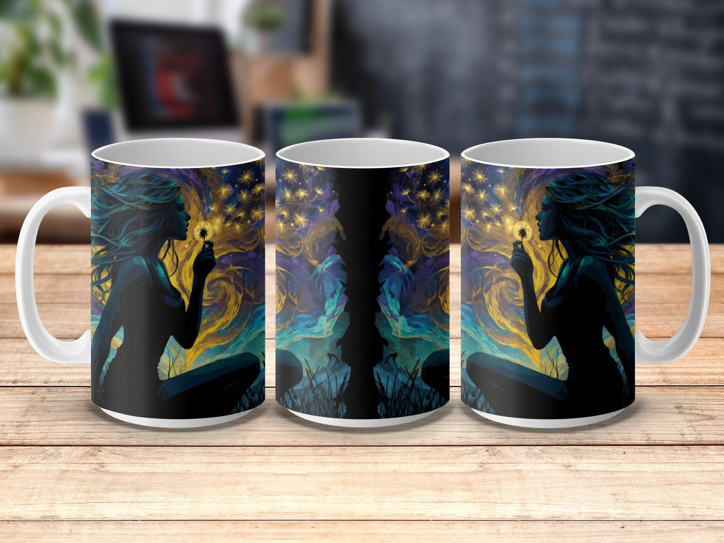 Mystical Art Coffee Mugs, Starry Night and Moon Phases Design, Fantasy Artwork, Unique Gift Idea, Set of Three Mugs