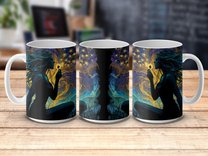 Mystical Art Coffee Mugs, Starry Night and Moon Phases Design, Fantasy Artwork, Unique Gift Idea, Set of Three Mugs