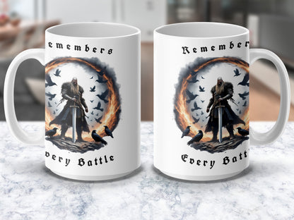 Viking Warrior Coffee Mug, Norse Mythology Inspired, Unique Gift, Remember Every Battle, Ceramic Mug