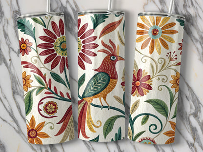 Colorful Floral and Bird Design Tumbler Product