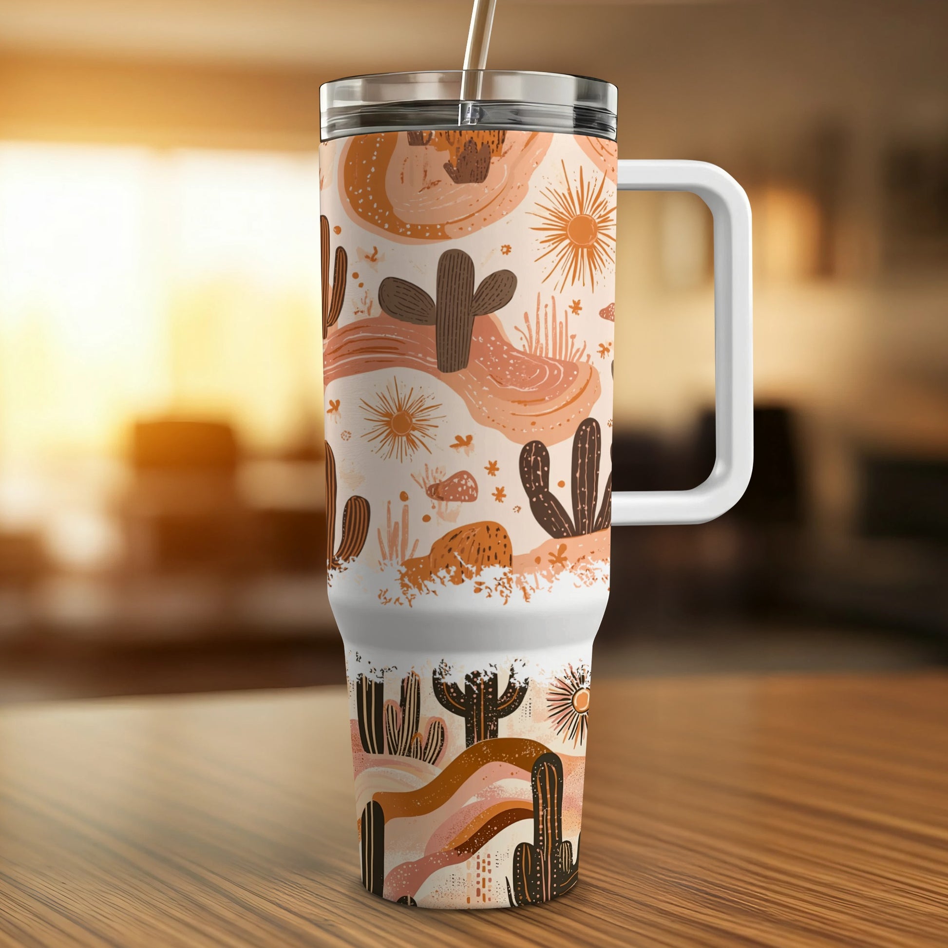 Desert Cactus Pattern Travel Mug, Stainless Steel Insulated Tumbler, Unique Gift Idea for Nature Lovers