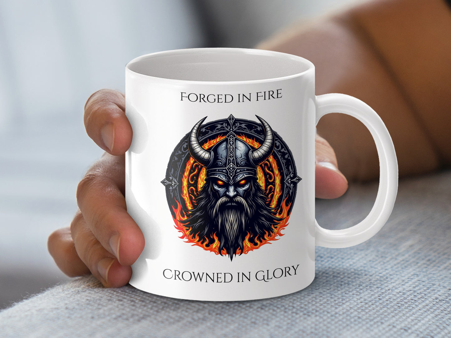 Viking Warrior Mug, Forged in Fire, Crowned in Glory, Norse Mythology Coffee Cup, Unique Gift Idea for History Buffs