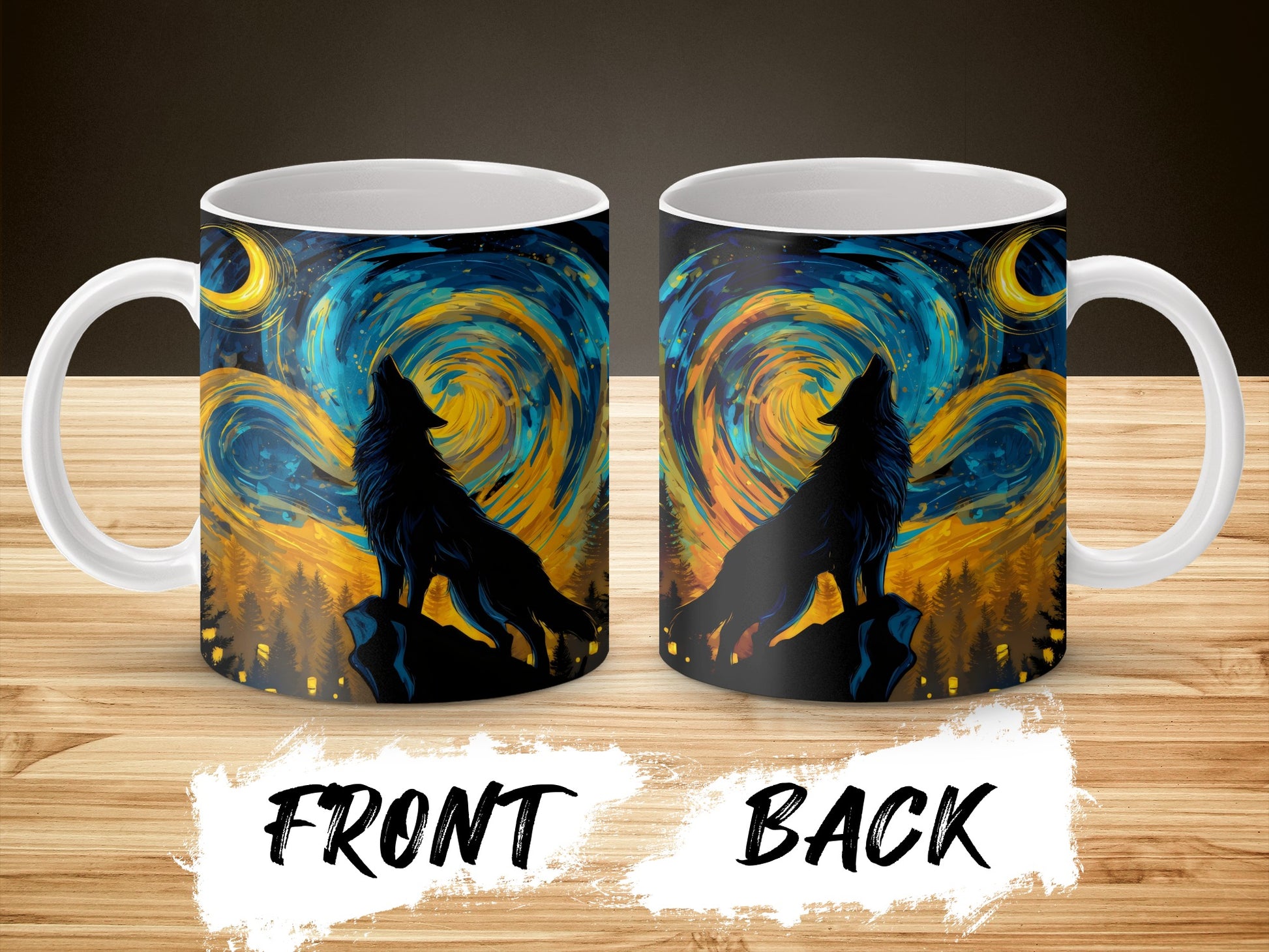 Van Gogh Starry Night Inspired Wolf Silhouette Coffee Mug, Artistic Animal Design Ceramic Cup