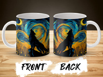 Van Gogh Starry Night Inspired Wolf Silhouette Coffee Mug, Artistic Animal Design Ceramic Cup