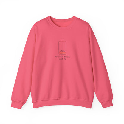 Pink sweatshirt with "My Social Battery is at 1%" text and battery icon.
