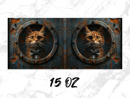 Steampunk Cat Art Print, Rustic Metal Porthole Wall Decor, Industrial Style Cat Poster, Unique Fantasy Animal Artwork, Home Decoration