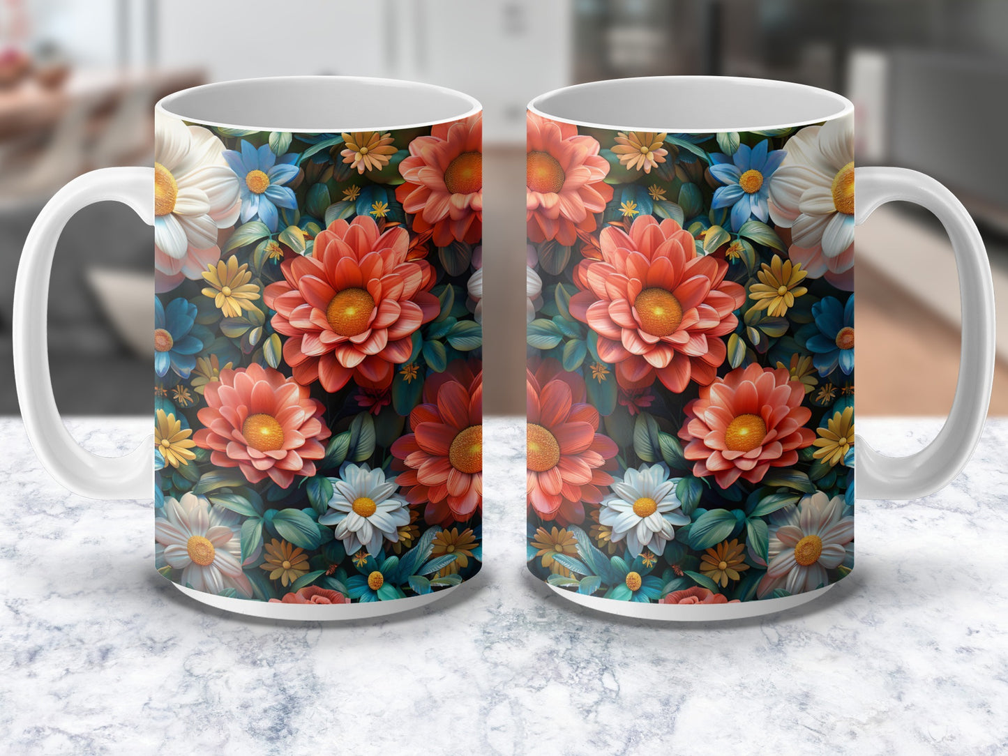 Floral Coffee Mugs, Vibrant Daisy and Rose Design, Perfect Gift for Garden Lovers, Set of Two Mugs