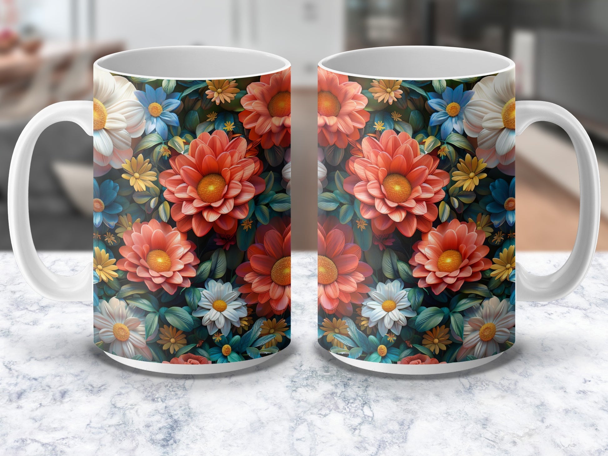 Floral Coffee Mugs, Vibrant Daisy and Rose Design, Perfect Gift for Garden Lovers, Set of Two Mugs