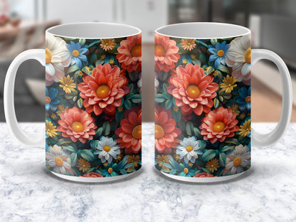 Floral Coffee Mugs, Vibrant Daisy and Rose Design, Perfect Gift for Garden Lovers, Set of Two Mugs