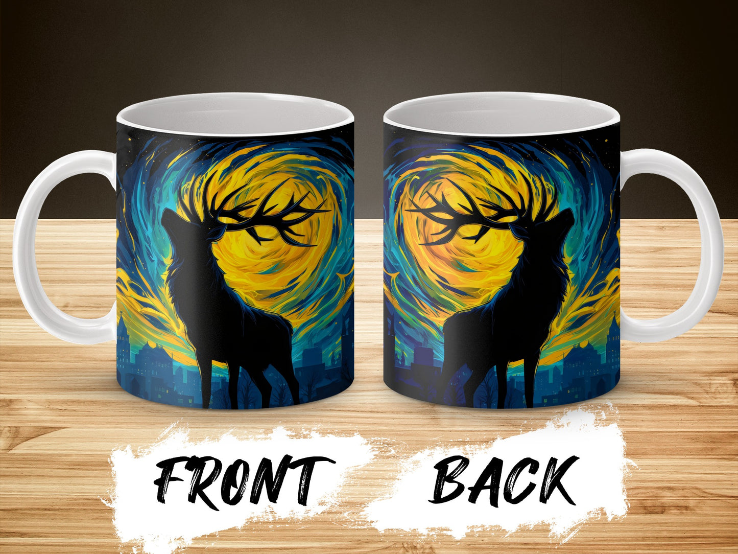 Deer Silhouette Moonlight Coffee Mug, Artistic Nature Night Sky Urban Design, Unique Wildlife Ceramic Cup Gift