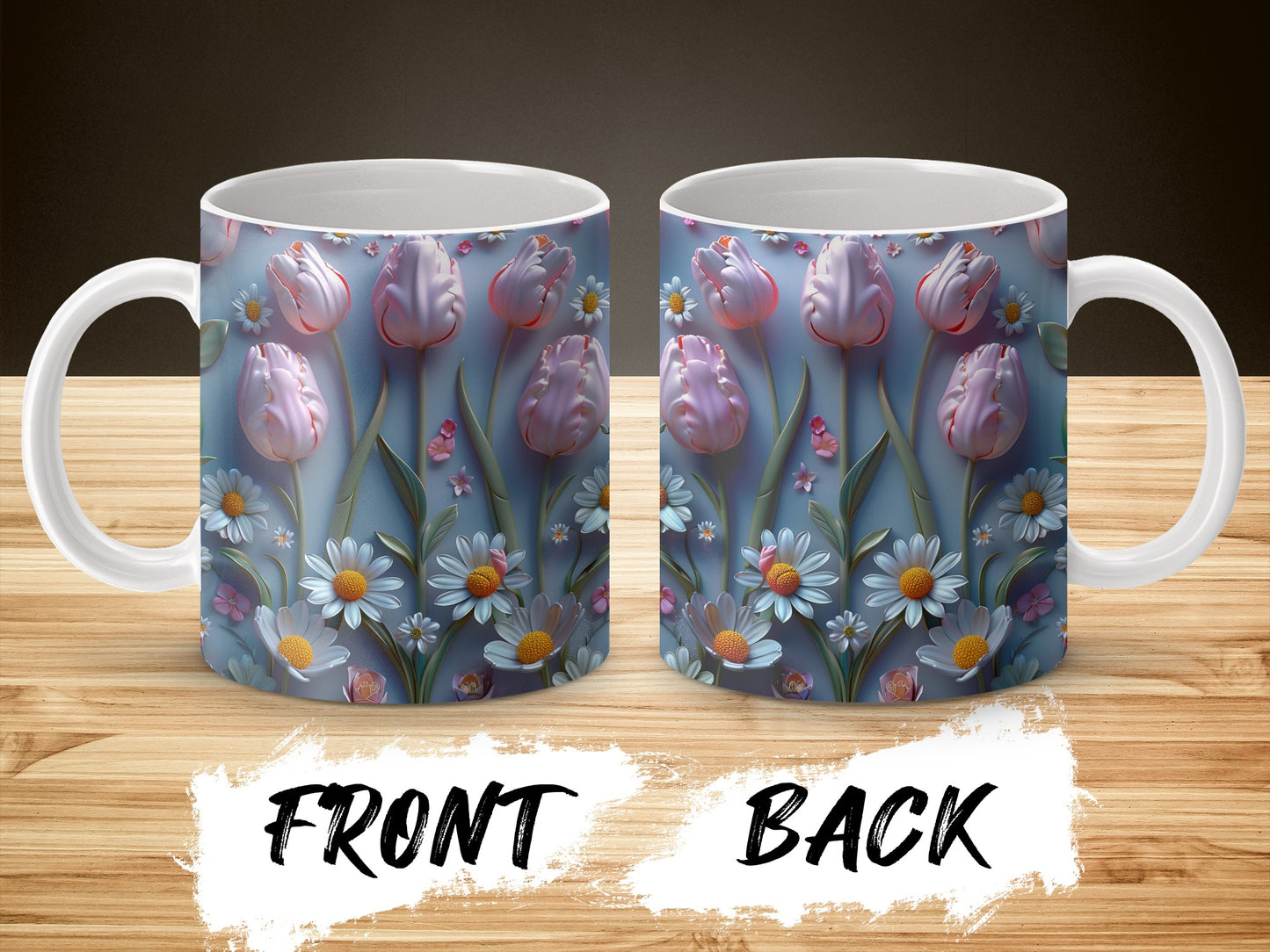 Floral Coffee Mug, Tulip and Daisy Design, Ceramic Tea Cup, Gift Idea, Front and Back Print, Spring Flowers Decor