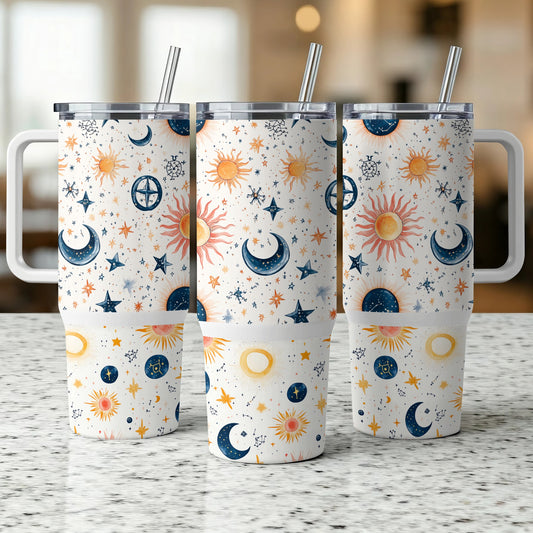 Celestial Tumblers with Lids and Straws, Sun Moon Stars Pattern, Reusable Drinkware Set, Unique Astronomical Gift