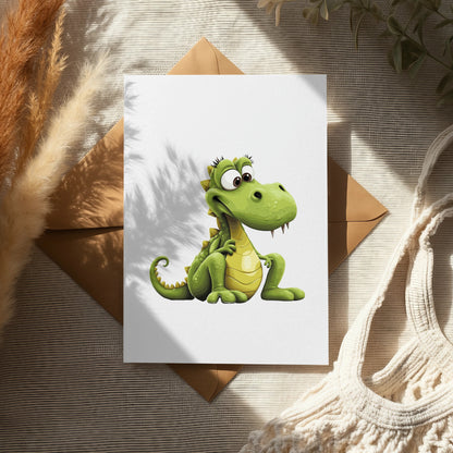 Cute Green Dinosaur Art Print, Cartoon T-Rex Wall Decor, Kid's Room Poster, Nursery Artwork, Fun Animal Illustration