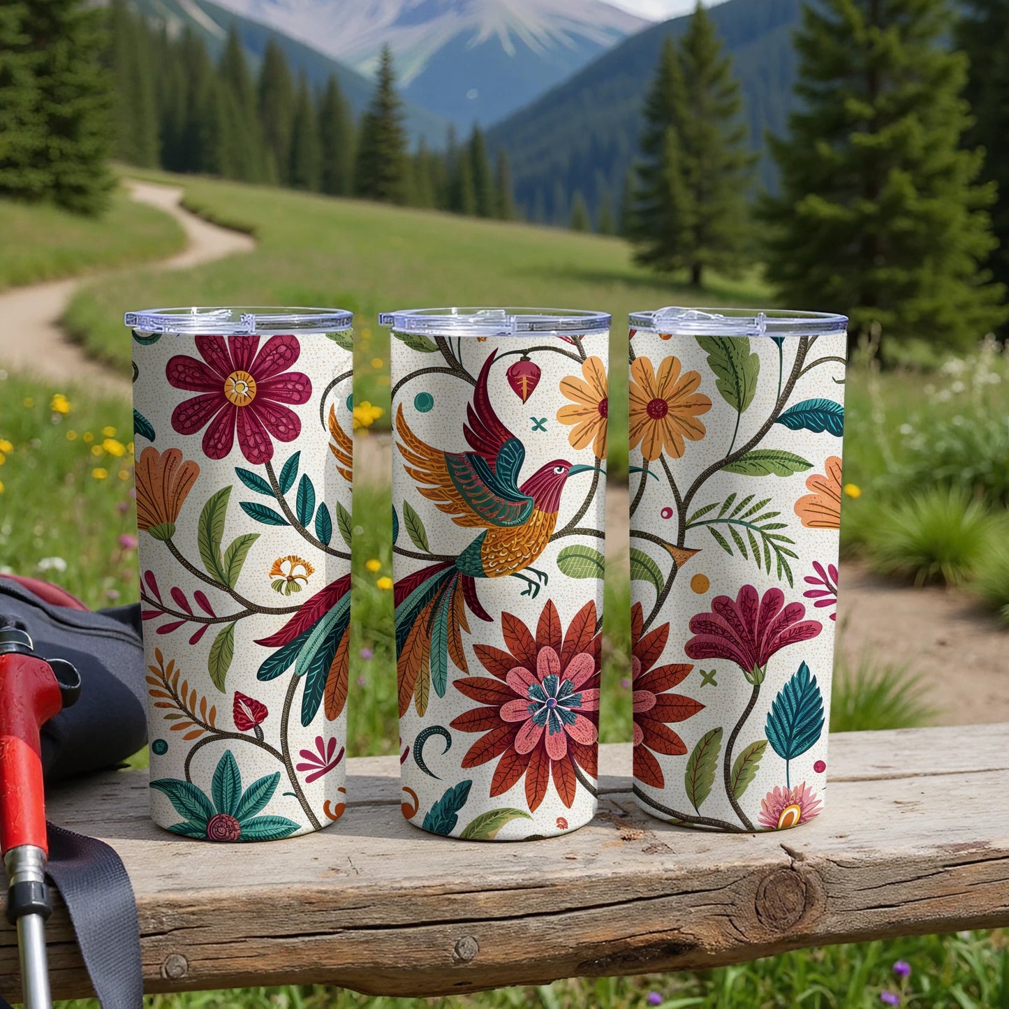 Colorful Nature Inspired Bird and Floral Pattern tumbler